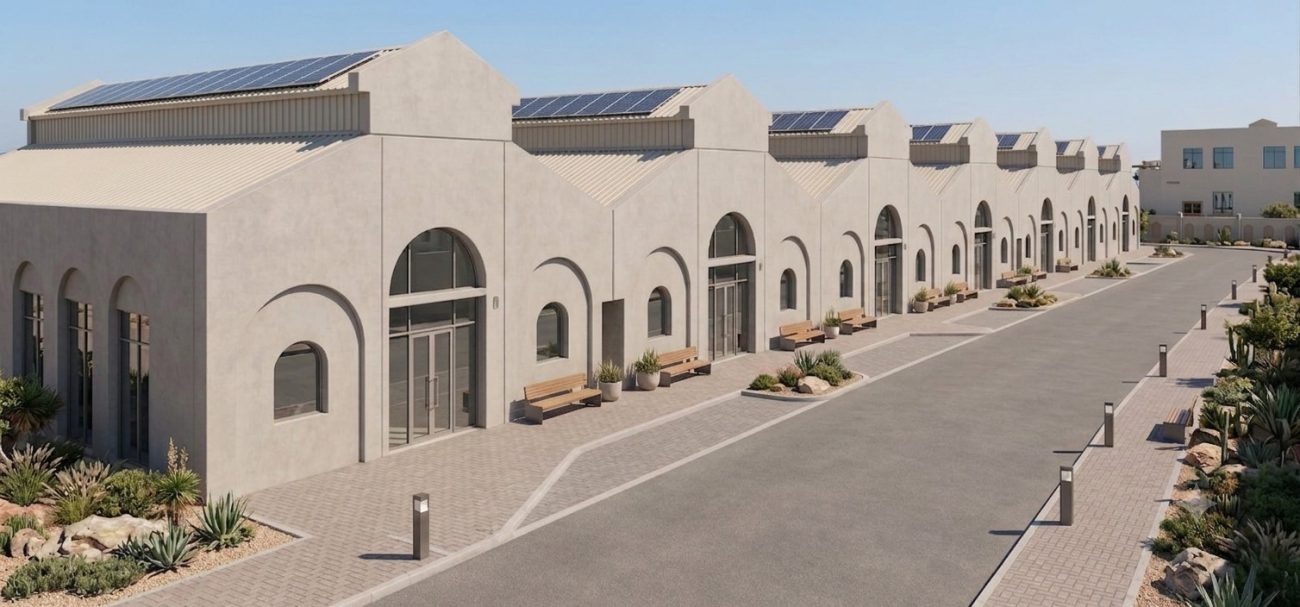 Precast horse stables at Al Wathba with arched openings and solar-shaded roofs