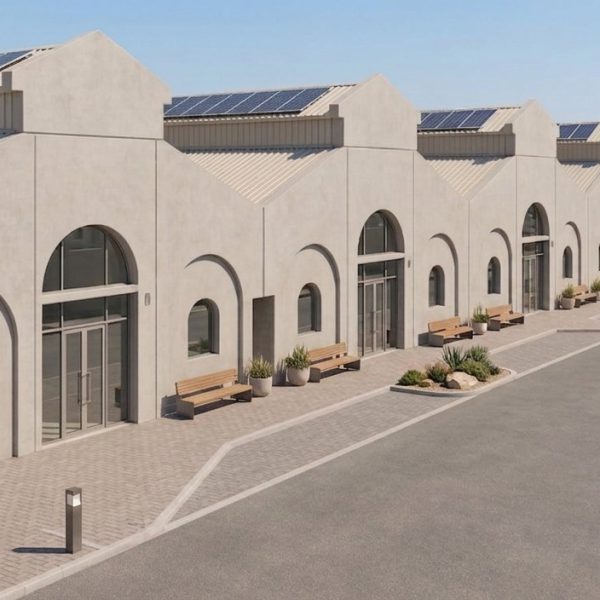 Precast horse stables at Al Wathba with arched openings and solar-shaded roofs