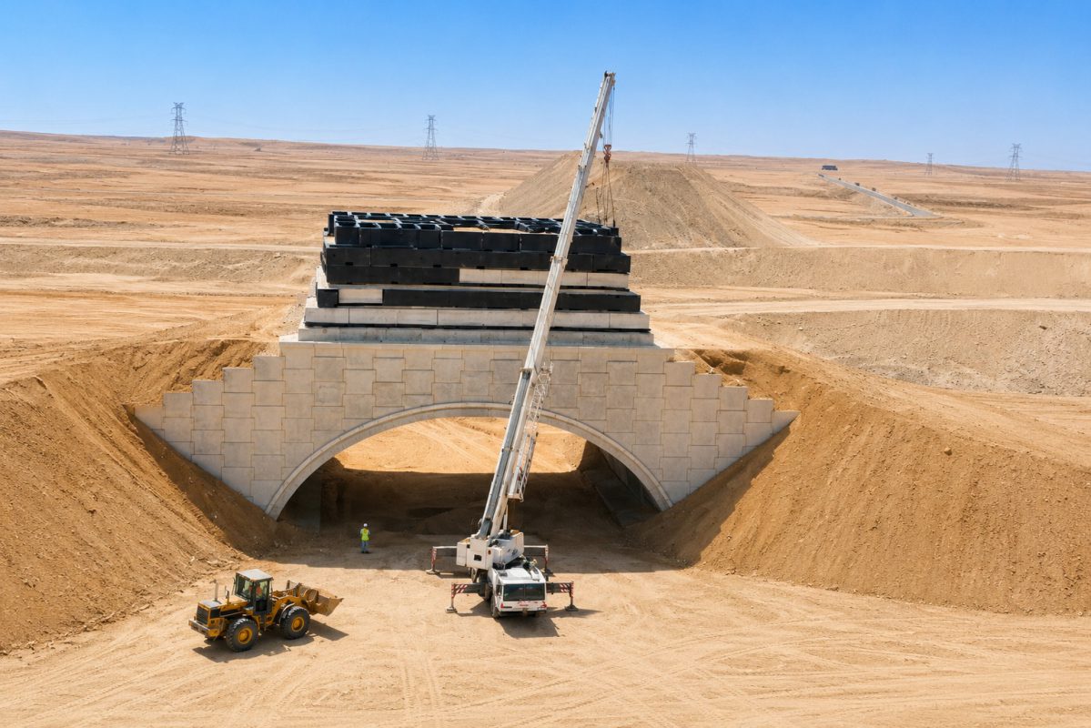 Precast arch underpass under construction with crane in the Abu Dhabi desert