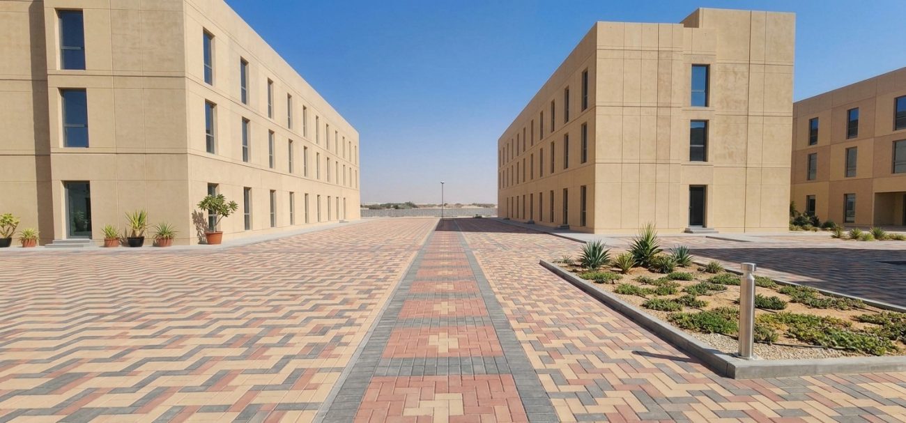 Multi-storey precast staff accommodation complex with interlock-paved courtyard