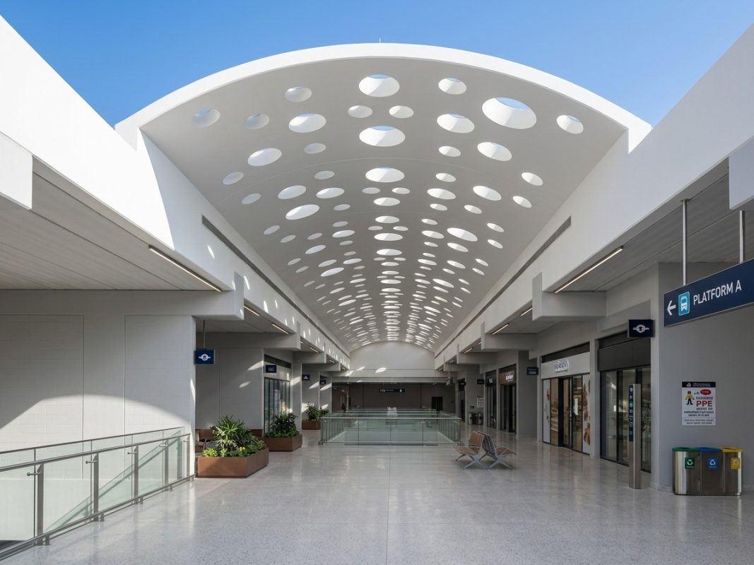 Curved precast roof slab with perforated openings over the Juraina Mall walkway