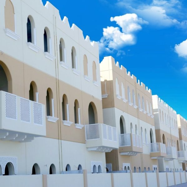 Shahama beige precast villa rows with Emirati arches