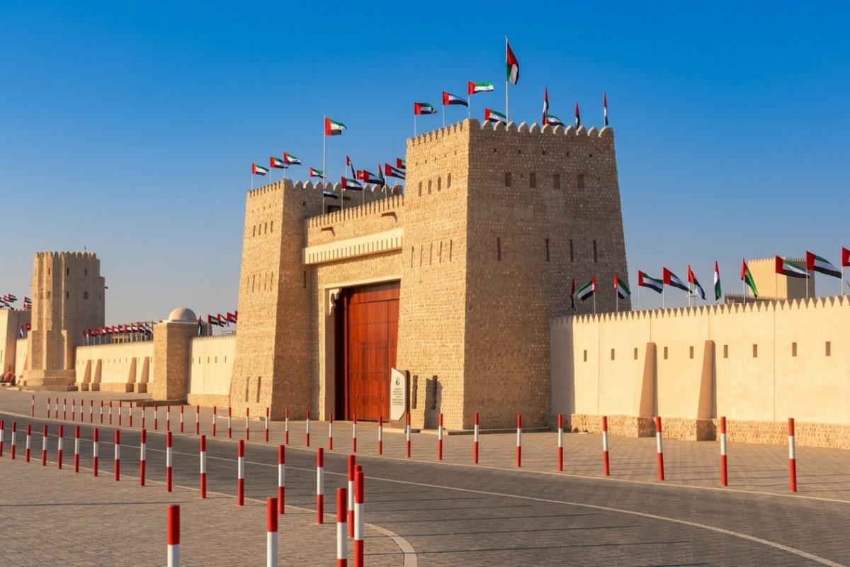 Sheikh Zayed Heritage Festival precast fortress with UAE flags