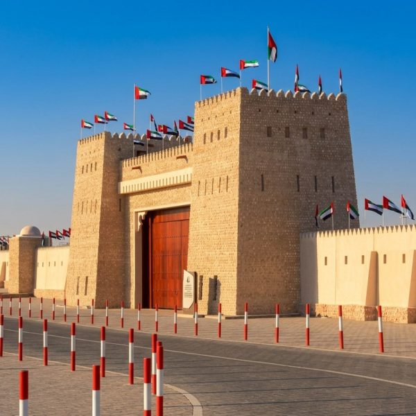 Sheikh Zayed Heritage Festival precast fortress with UAE flags